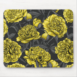 Tapis De Souris Jardin de pivoine nocturne en jaune et gris