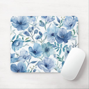 Tapis De Souris Jardin floral aquarelle botanique bleu