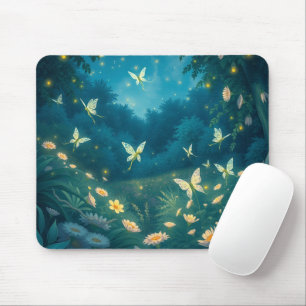 Tapis De Souris Jardin nocturne avec des fleurs et des lucioles