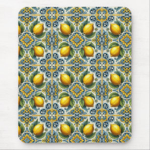 Tapis De Souris Jaune Bleu Capri Citron Motif de Carreaux Méditerr