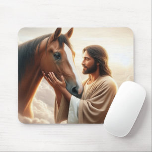 Tapis De Souris Jésus réconfortant un cheval au paradis