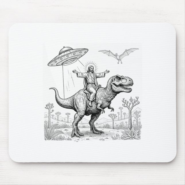 Tapis De Souris Jesus Riding Dinosaur T-rex Ufo Hunting Alien Sci- (Devant)