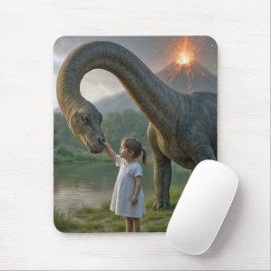 Tapis De Souris Jeune fille qui nourrit un dinosaure