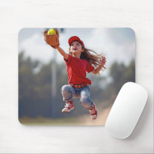 Tapis De Souris Jeune Fille Qui Saute Pour Attraper Un Softball