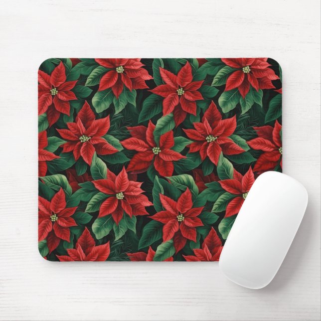 Tapis De Souris Joli Art numérique rouge et vert Poinsettias (Avec souris)