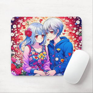 Tapis De Souris Joli couple d'anime, fleurs et cœurs 