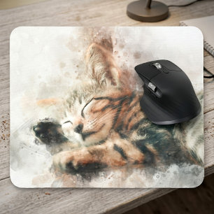 Tapis De Souris Joli et mignon chaton dormant à l'aquarelle