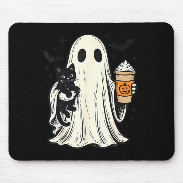 Tapis De Souris Joli fantôme d'Halloween tenant un chat noir Café  (Devant)