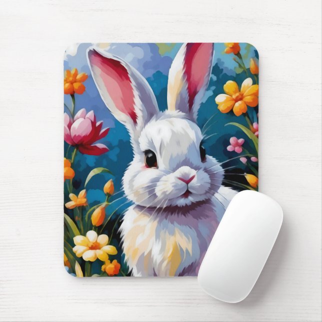 Tapis De Souris Joli Lapin Blanc Entouré de Fleurs Vibrantes (Avec souris)