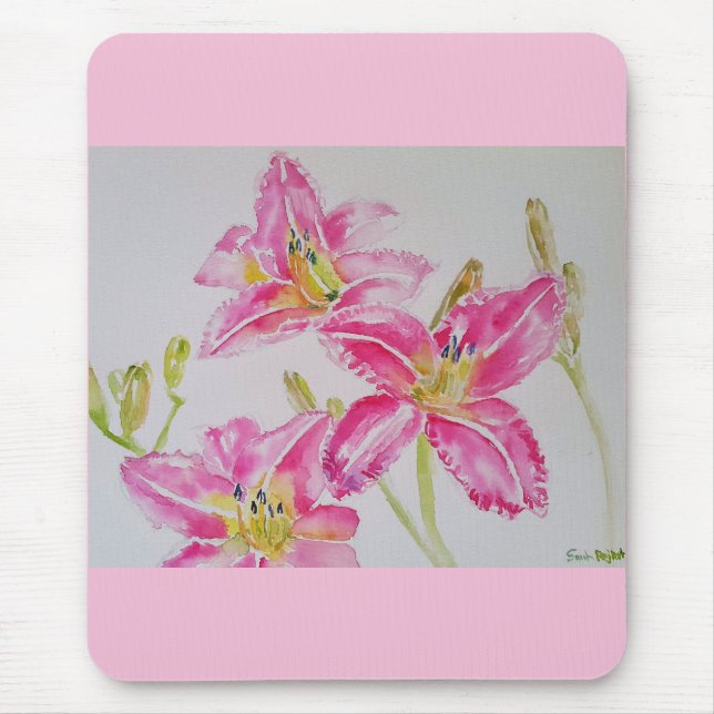 Tapis De Souris Joli Lit En Aquarelle Rose Peinture Lilium (Devant)