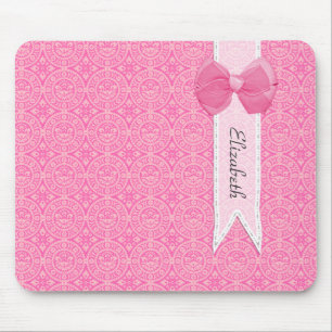 Tapis De Souris Joli Médaillon rose Damask Mignonne Bow avec nom