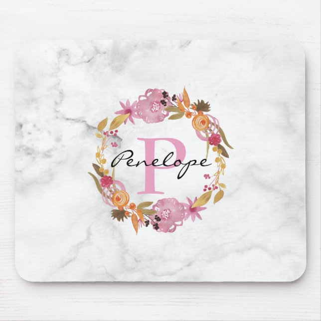 Tapis De Souris Joli Monogramme de couronne de fleurs rose (Devant)