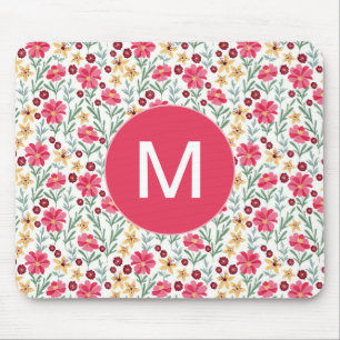 Tapis De Souris Joli monogramme floral vintage rose et jaune
