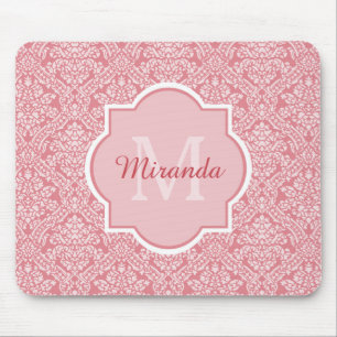 Tapis De Souris Joli Motif de Damas rose Monogramme avec nom
