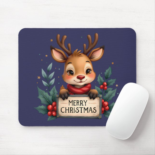 Tapis De Souris Joli renne de Noël avec Holly et signe (Avec souris)