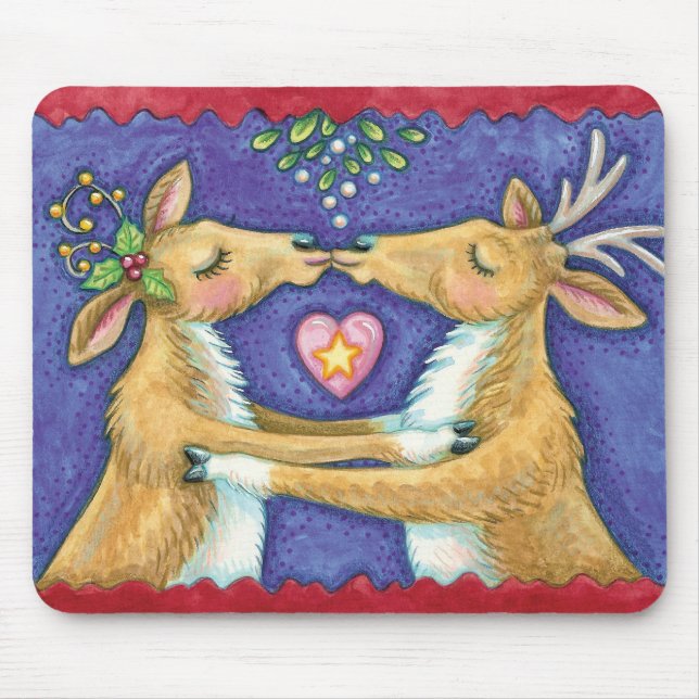 Tapis De Souris Joli renne de Noël, Baiser romantique avec Mistlet (Devant)