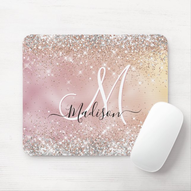 Tapis De Souris Joli rose or faux argent parties scintillant monog (Avec souris)