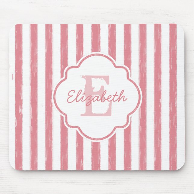 Tapis De Souris Joli rose peint rayures Monogramme et nom (Devant)