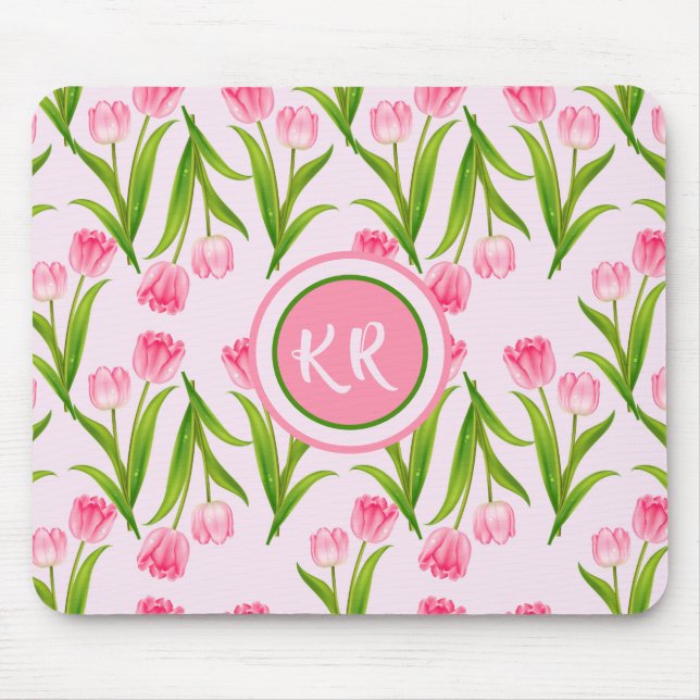 Tapis De Souris Joli Tulipe rose Fleurs Florales Feuille Monogramm (Devant)