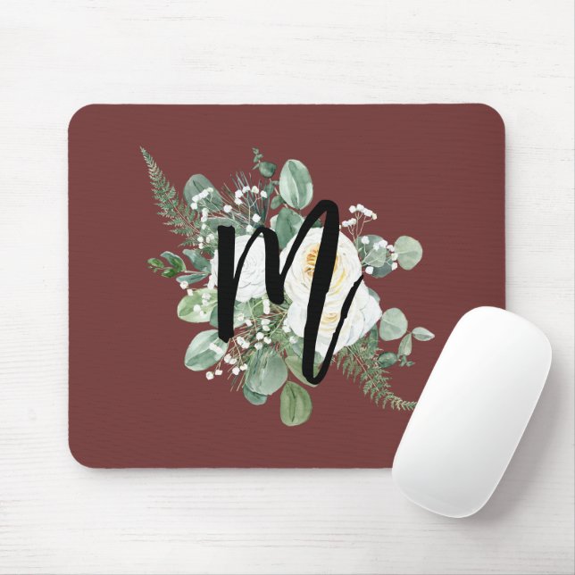 Tapis De Souris Jolie aquarelle fleurs blanches Monogram Bourgogne (Avec souris)