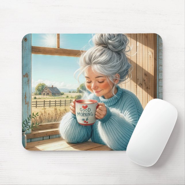Tapis De Souris Jolie dame âgée buvant du café (Avec souris)