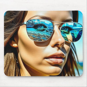 Tapis De Souris Jolie femme avec reflet de lunettes de soleil de p