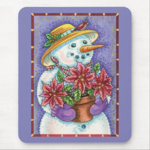 Tapis De Souris Jolie fille de Noël bonhomme de neige avec poinset