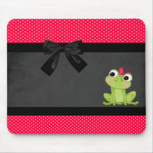 Tapis De Souris Jolie grenouille girly sur pois rouges - Nœud noir
