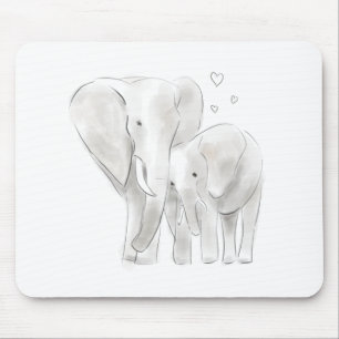 Tapis De Souris Jolie maman éléphante et bébé croquis aquarell