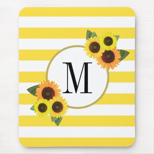 Tapis De Souris Jolie rayures jaunes Fleurs de soleil Monogramme f (Devant)
