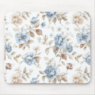 Tapis De Souris Jolies Fleurs Bleues Crème Beige Marron