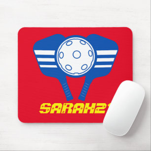 Tapis De Souris Joueur Monogram élégant rouge et bleu Pickleball