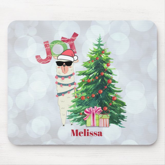 Tapis De Souris Joy Typography | Llama de Noël derrière un arbre (Devant)