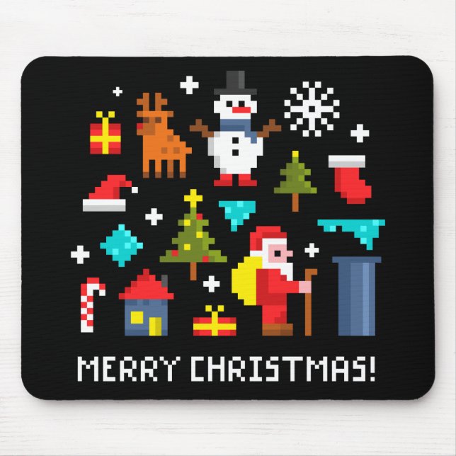 Tapis De Souris Joyeux dessins en pixels de Noël (Devant)