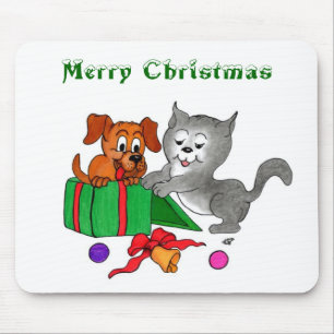 Tapis De Souris Joyeux Noël avec chat et chiot