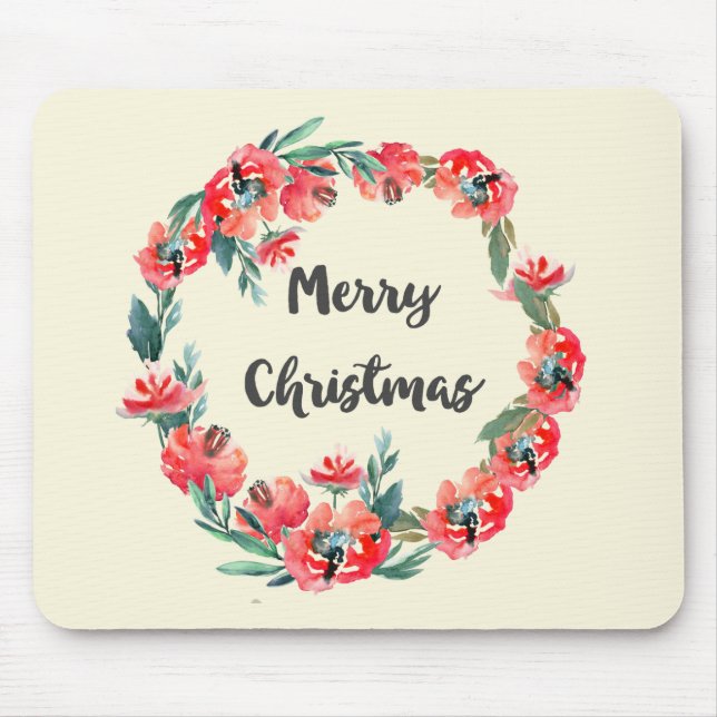 Tapis De Souris Joyeux Noël Rouge Floral Aquarelle Wreath (Devant)