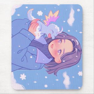 Tapis De Souris Kawaii Anime Girl with Baby Dragon in Winter Snow