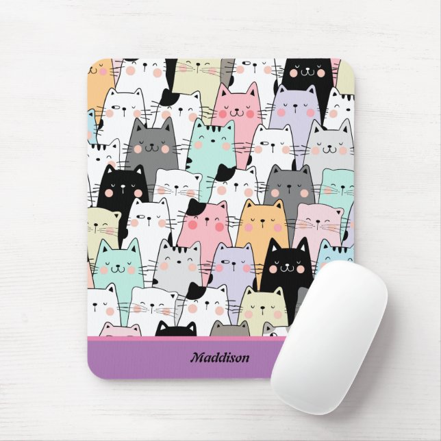 Tapis De Souris Kawaii Cat Motif Nom personnalisable (Avec souris)