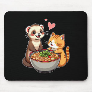 Tapis De Souris Kawaii Ferret Et Chat Manger Ramen Cute Japonaise 