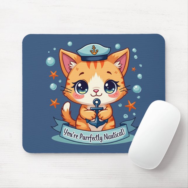 Tapis De Souris Kawaii Nautical Cat Ancre Pun (Avec souris)