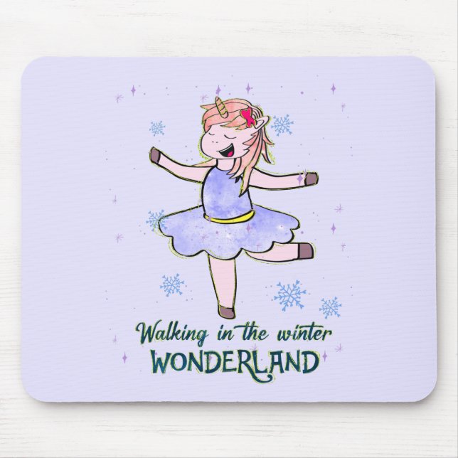 Tapis De Souris Kawaii Unicorn | Marcher en hiver (Devant)