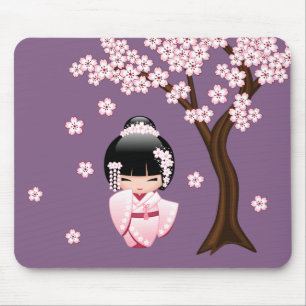 Tapis De Souris Kimono Rose Kawaii Poupée Kokeshi sur Fond Violet