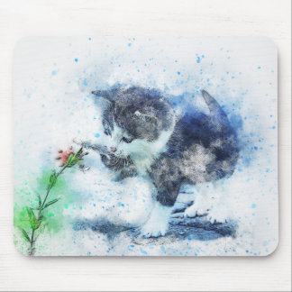 Tapis De Souris Kitten Jouer avec Flower | ABSTRAIT | Aquarelle