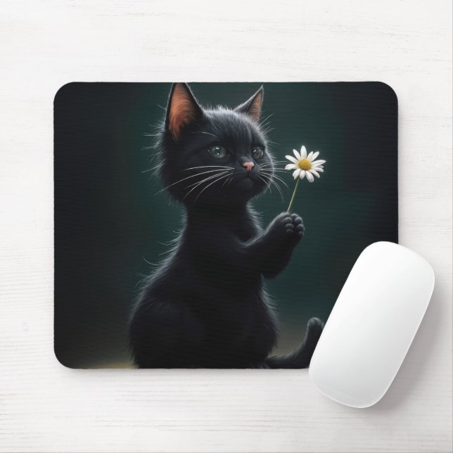 Tapis De Souris Kitten noir avec marguerite blanche (Avec souris)