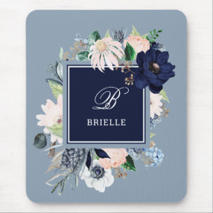 Tapis De Souris La marine et la flore blush Nom et monogramme