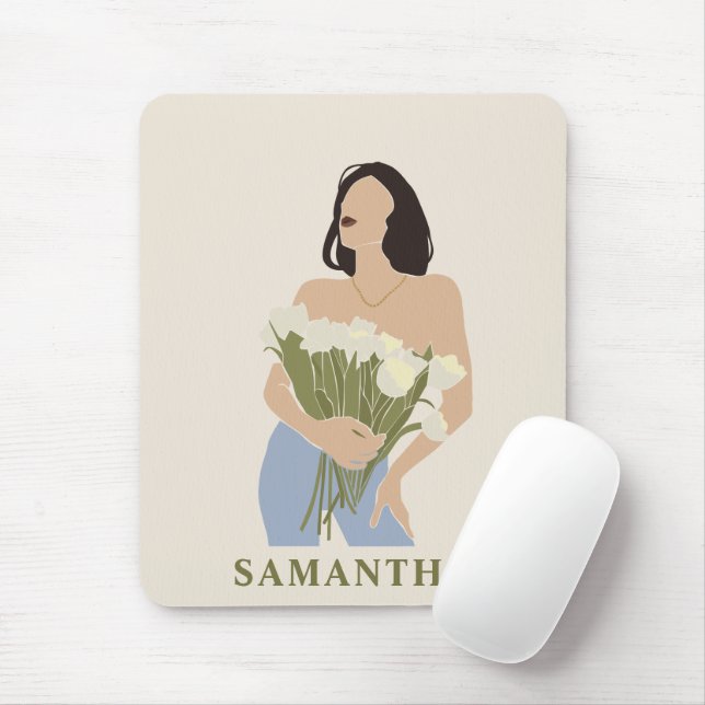Tapis De Souris Lady Tenant Bouquet De Fleurs Vert Art Abstrait (Avec souris)