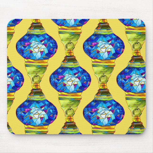 Tapis De Souris Lampes turques bleues mosaïque art aquarelle (Devant)