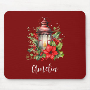 Tapis De Souris Lanterne rouge de Noël Poinsettia et pin
