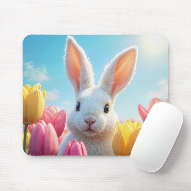 Tapis De Souris Lapin blanc dans un jardin de tulipes (Avec souris)