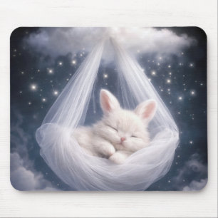 Tapis De Souris Lapin blanc suspendu à un hamac en tulle